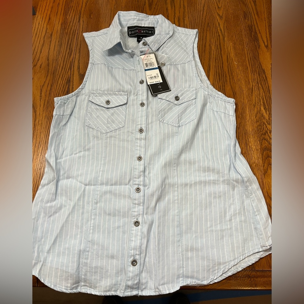 Polly Esther Light Blue Striped Sleeveless Shirt